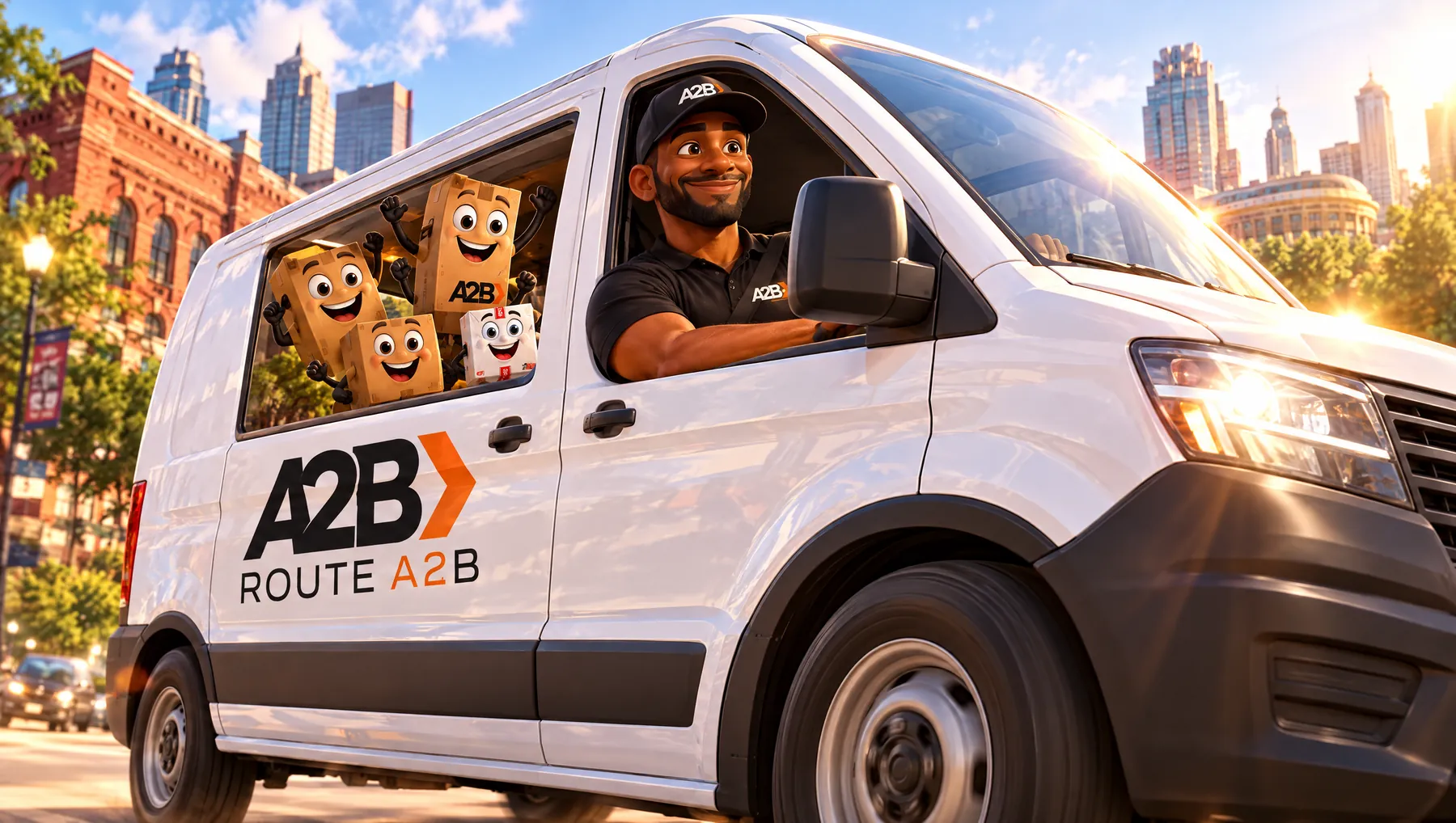 Illustration: a Route A2B driver in his A2B van, delivery packages cheering through the window, Kansas City skyline behind