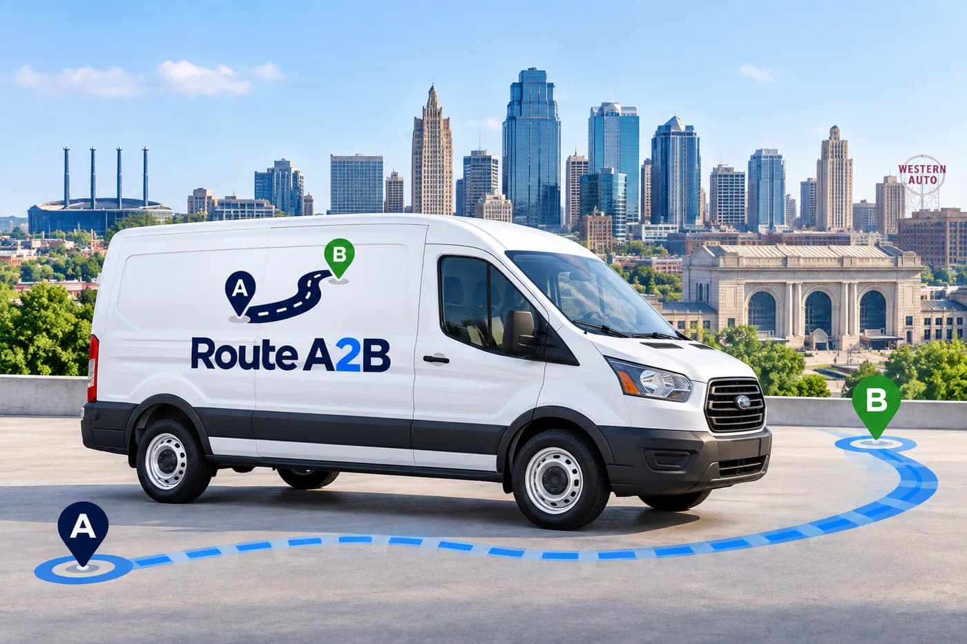 Illustration of a Route A2B delivery van with the Kansas City skyline