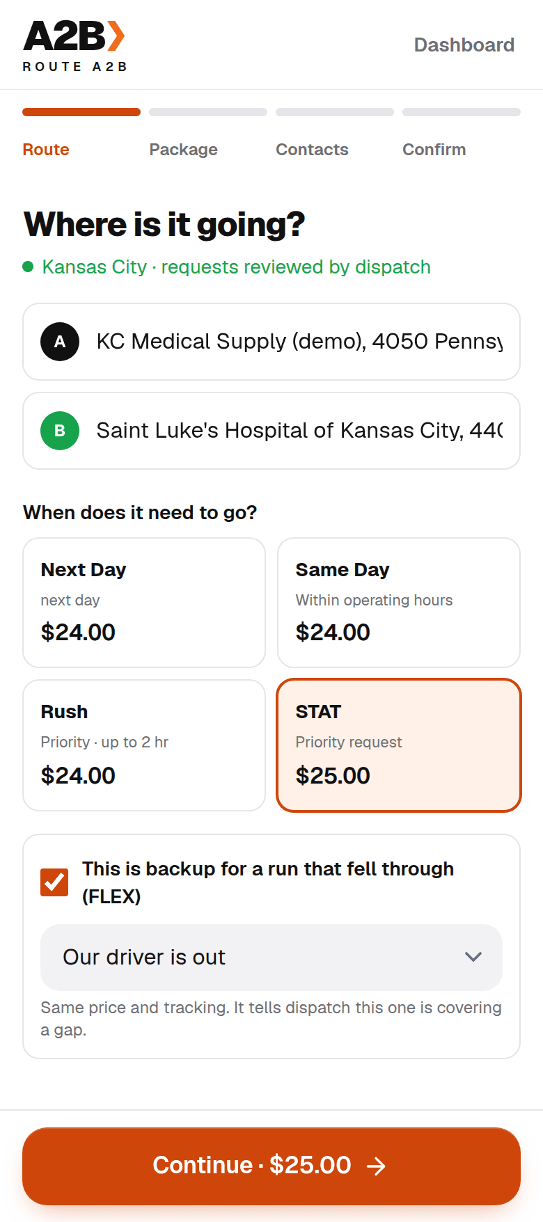 Actual Route A2B booking screen showing delivery options and the selected FLEX backup reason